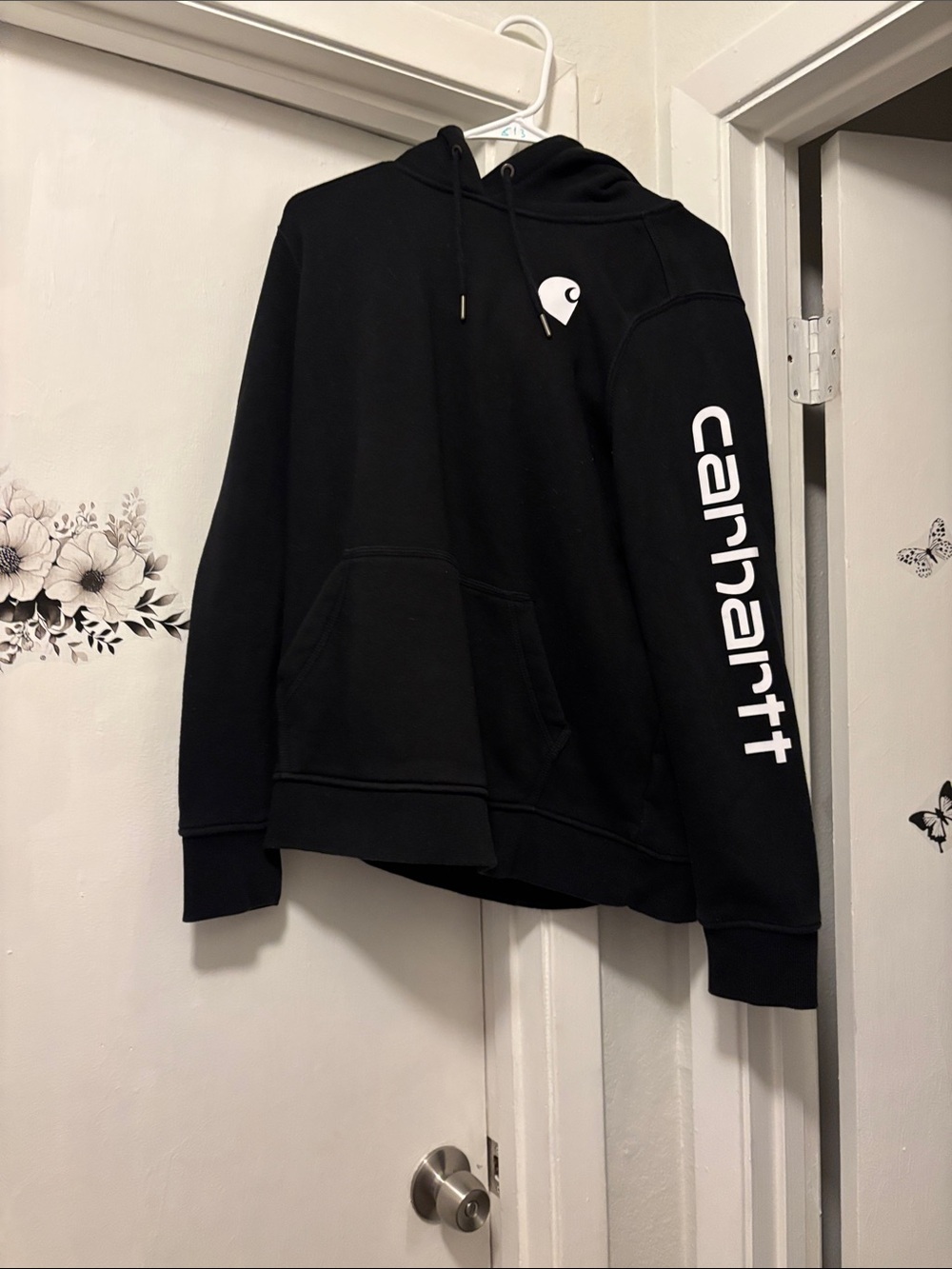 Carhartt Black Pullover Hoodie with White Sleeve Script
